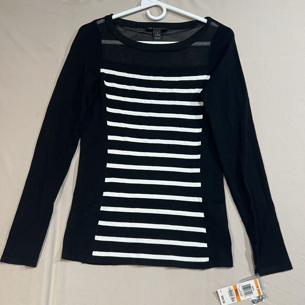 INC International Concepts Women's Striped Mesh Illusion Top Black White Size S